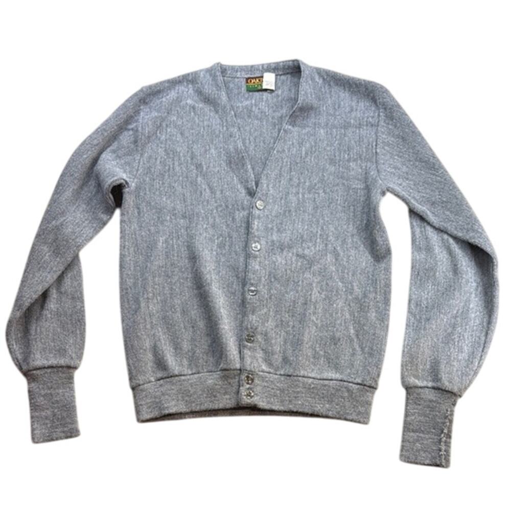 Men's Oakton Mr. Rogers Preppy Gray Button Up Cardigan Sweater Made‎ in USA SM